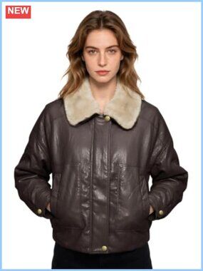 Women's Faux Leather Bomber Jacket Faux Fur Collar Cropped Aviator Coat
